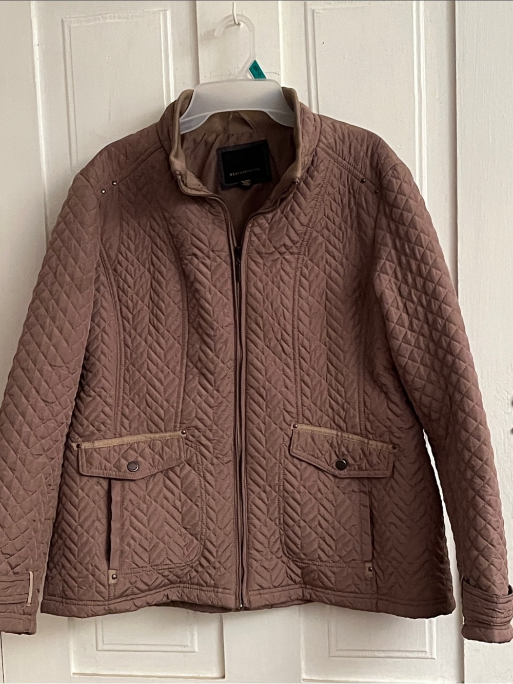 Quilted Utility Jacket in Taupe Brown - Zip Front